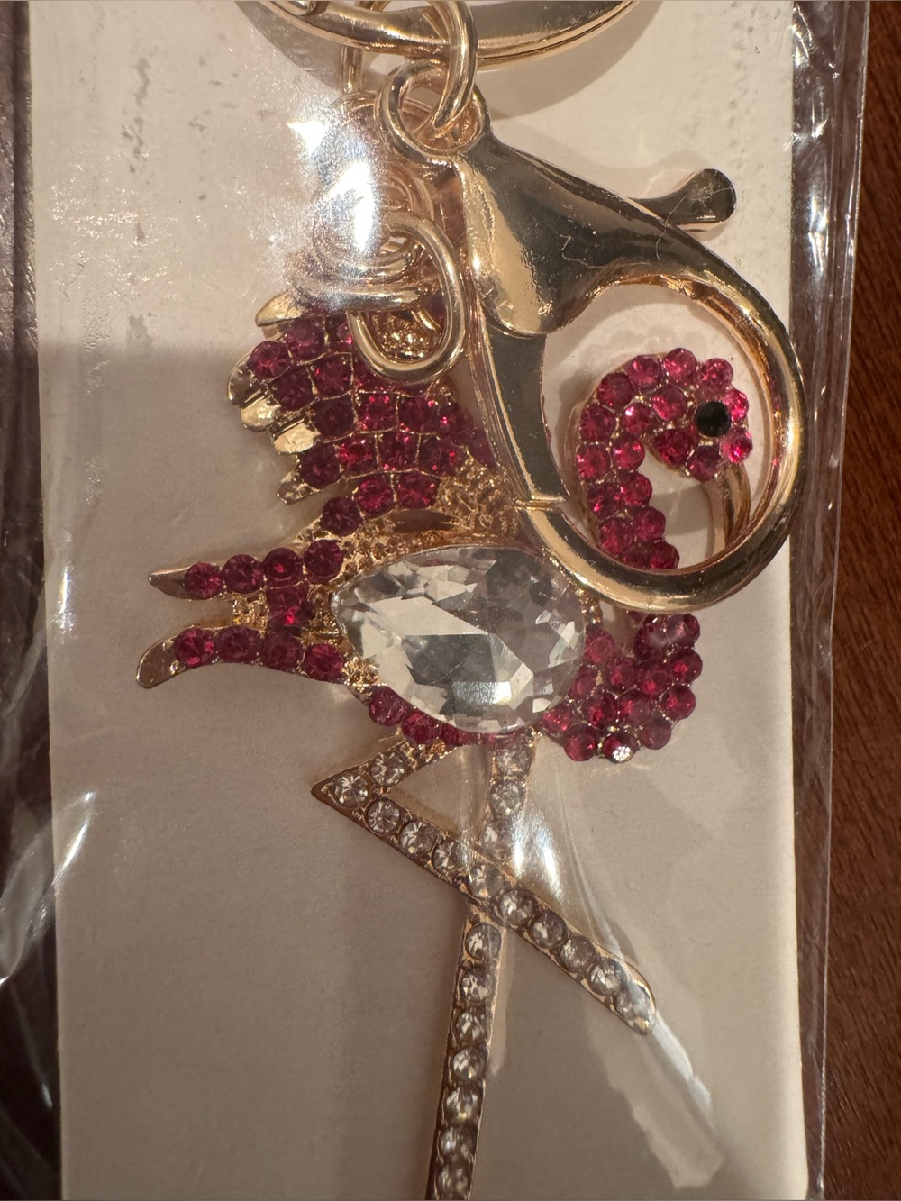 Pink Crystal Flamingo Keychain in Gold Tone - Picture 2 of 2